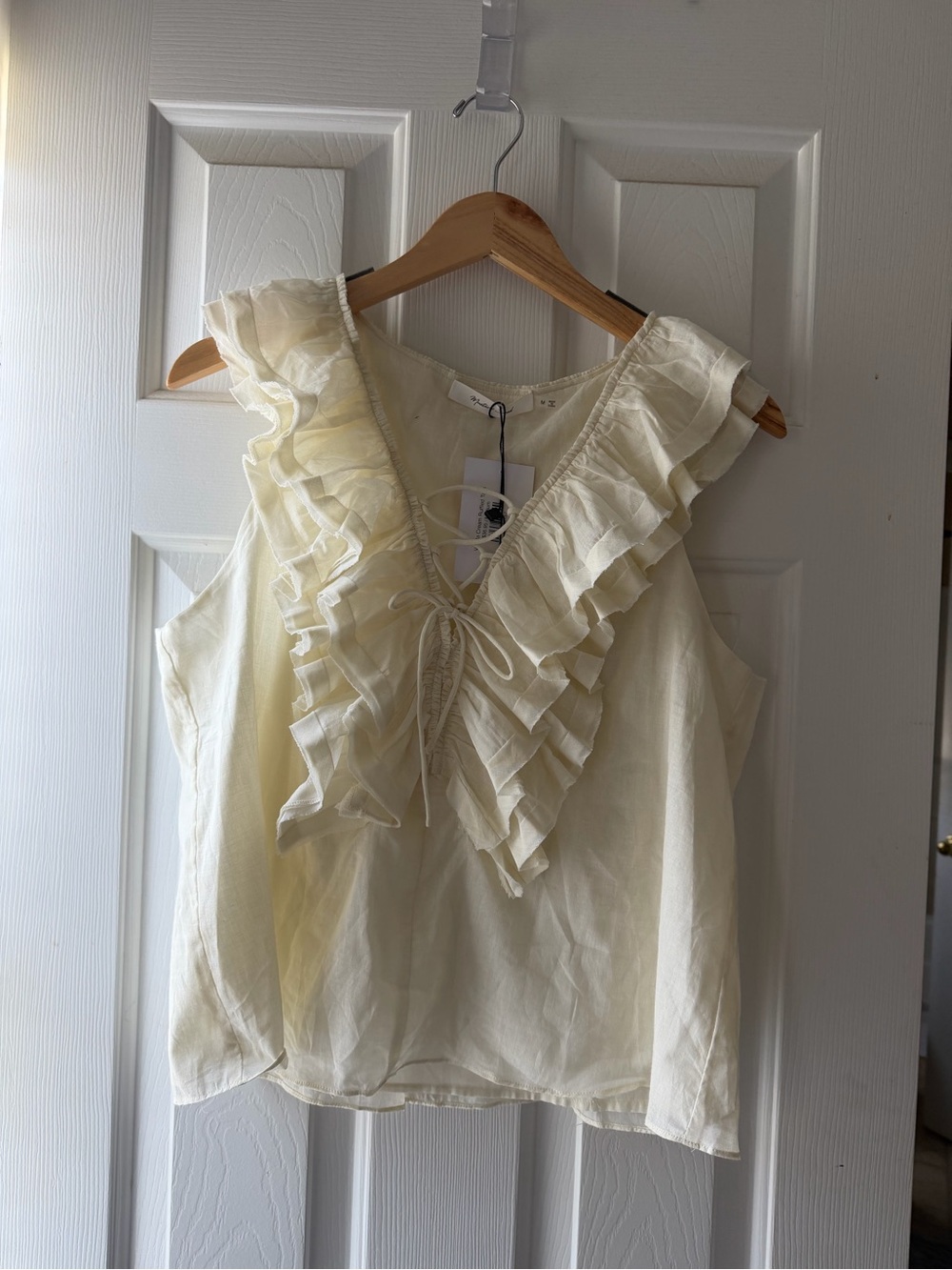 Mustard Seed Cream Ruffled V-Neck Tie-Front Blouse
